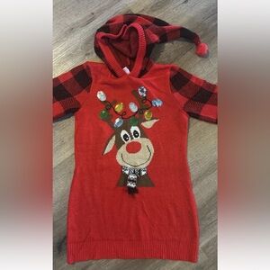No Boundaries Ugly Christmas Sweater Dress Juniors Medium 7/9 Red Reindeer Hood